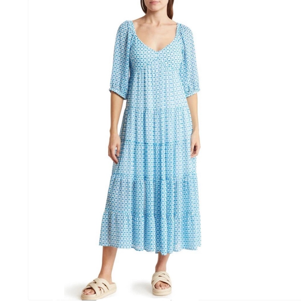 Tiered Mellóday Sweetheart Blue Geometric Maxi Dress White Geo Boho Print L